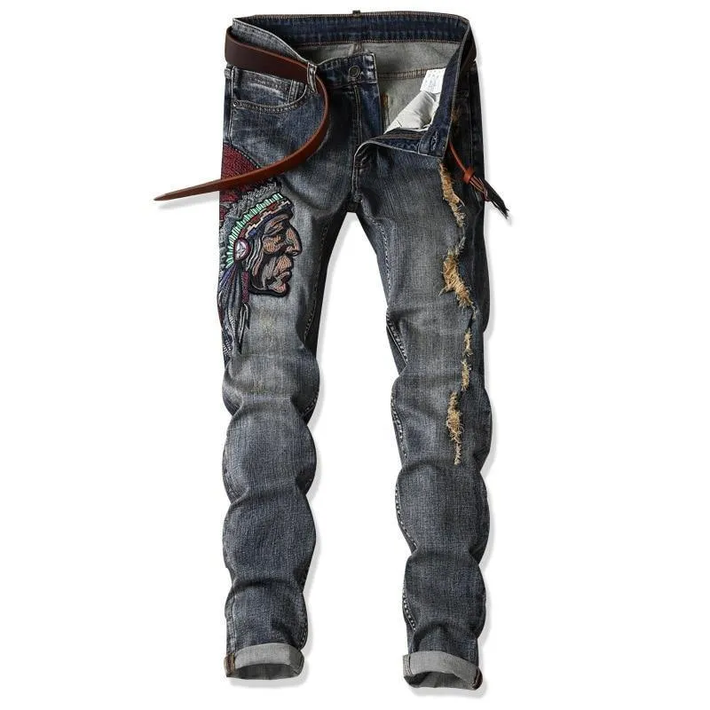 Men's Embroidery Distressed Loose Fit Jeans