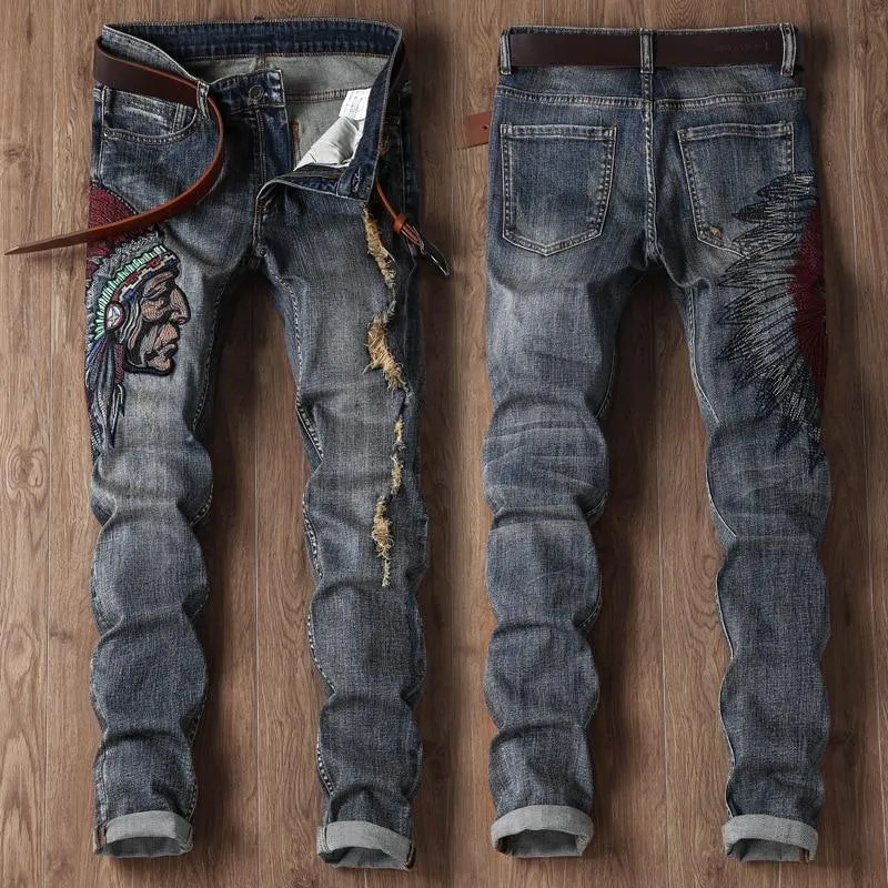 Men's Embroidery Distressed Loose Fit Jeans