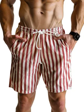 Men's Red And White Striped Print Double Pocket Lace-Up Shorts