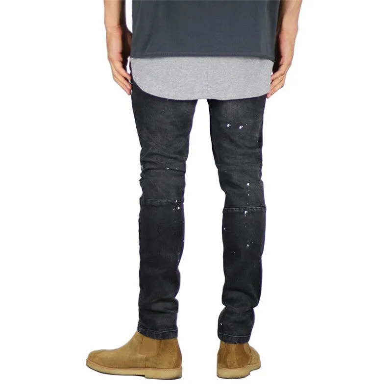 Men's Ripped Jeans Paint Splash-ink Jeans Mid Waist Straight Pants