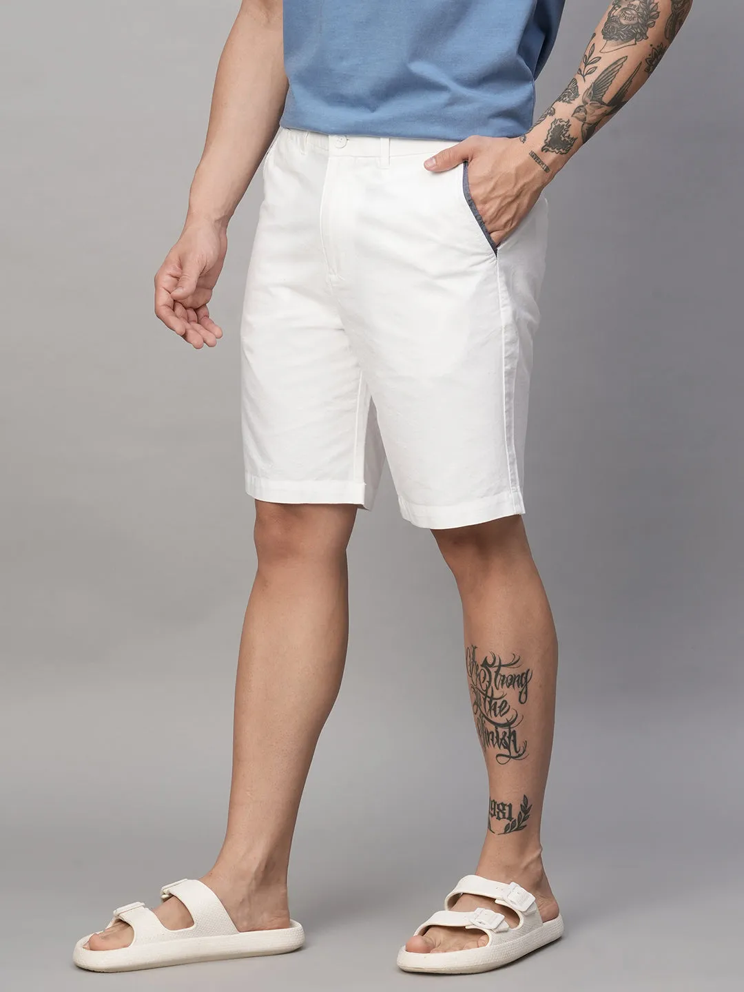 Men's White Cotton Regular Fit Shorts