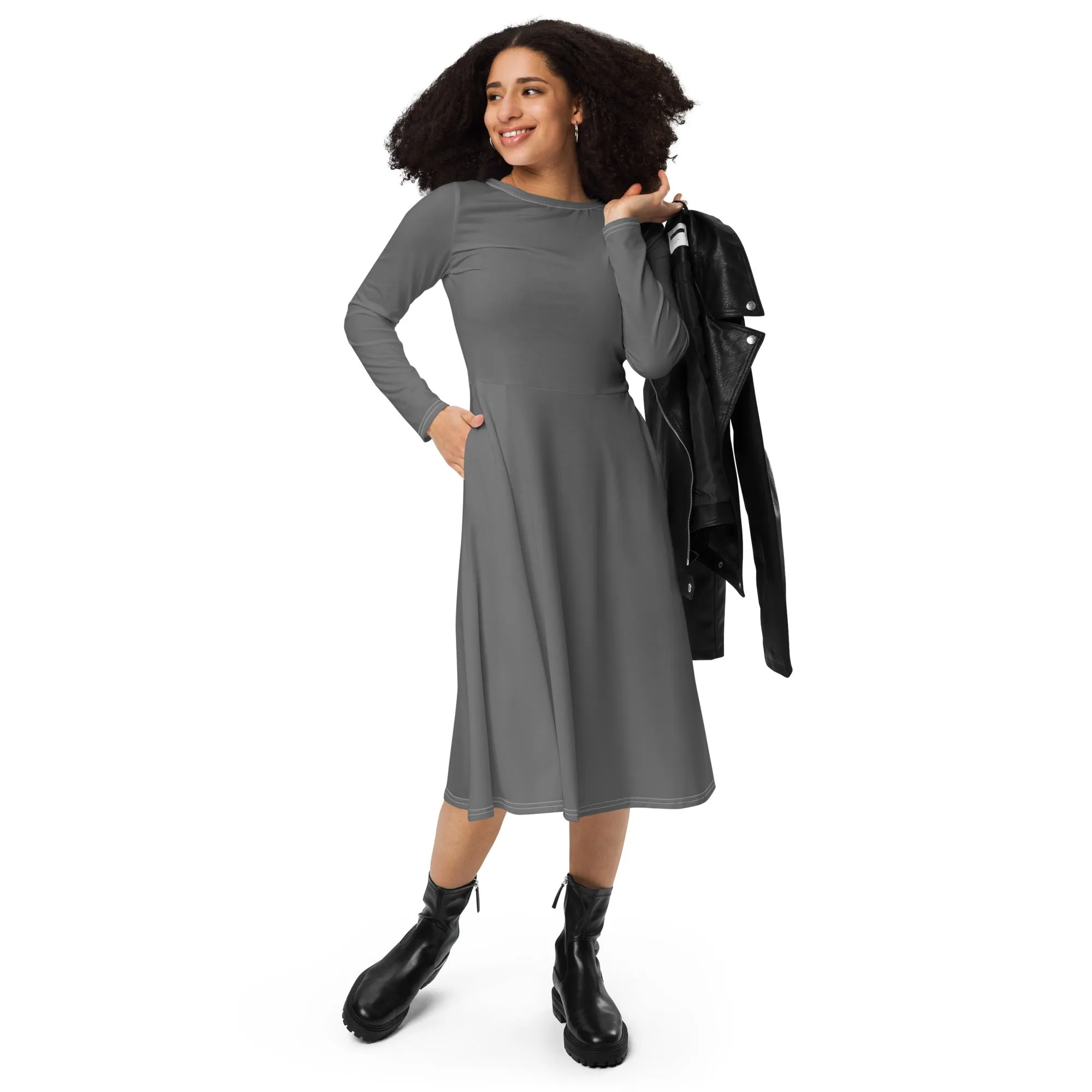 Midi Dress Long Sleeve Colour Grey (Glamourange Colour Midi Dress Long Sleeve for Women)