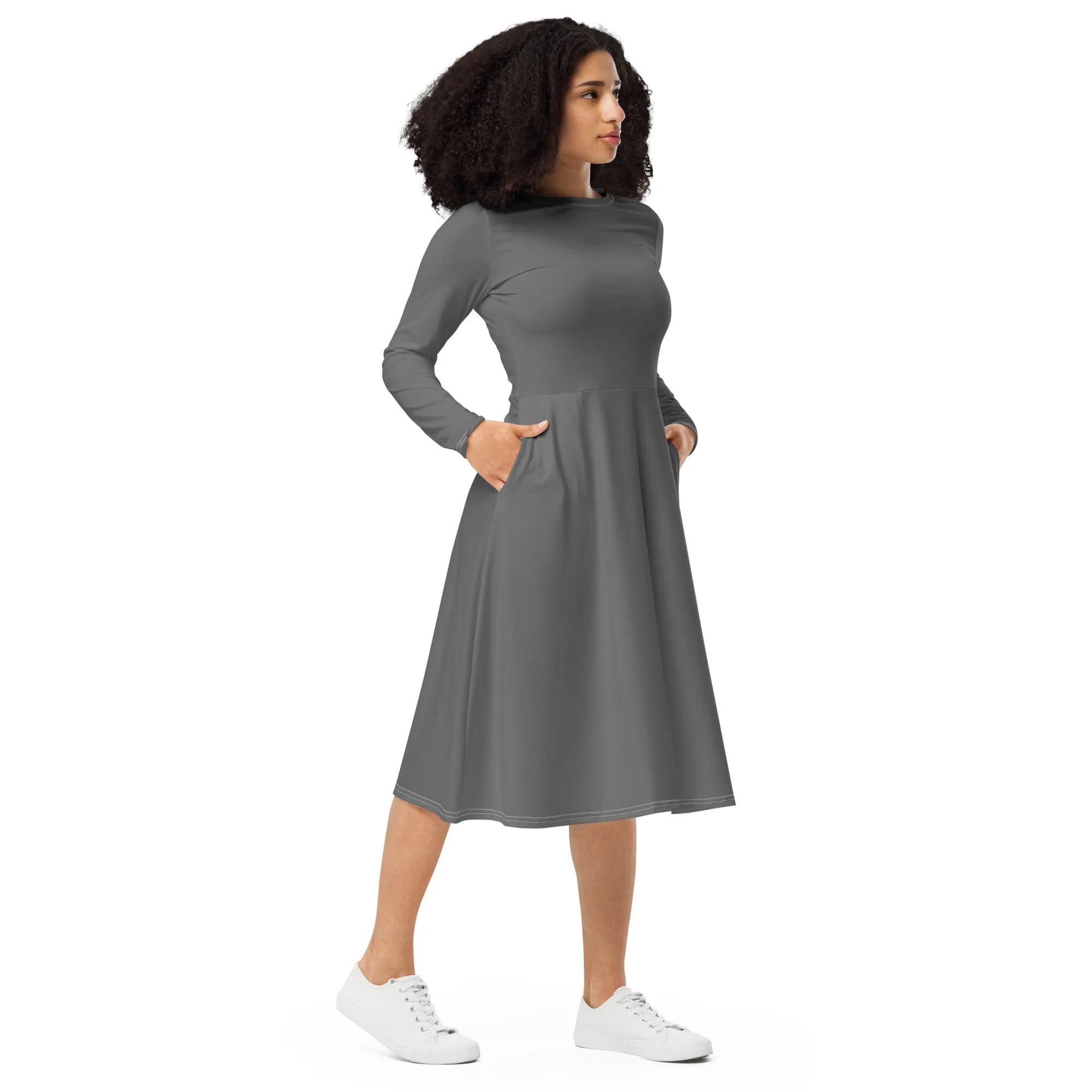 Midi Dress Long Sleeve Colour Grey (Glamourange Colour Midi Dress Long Sleeve for Women)