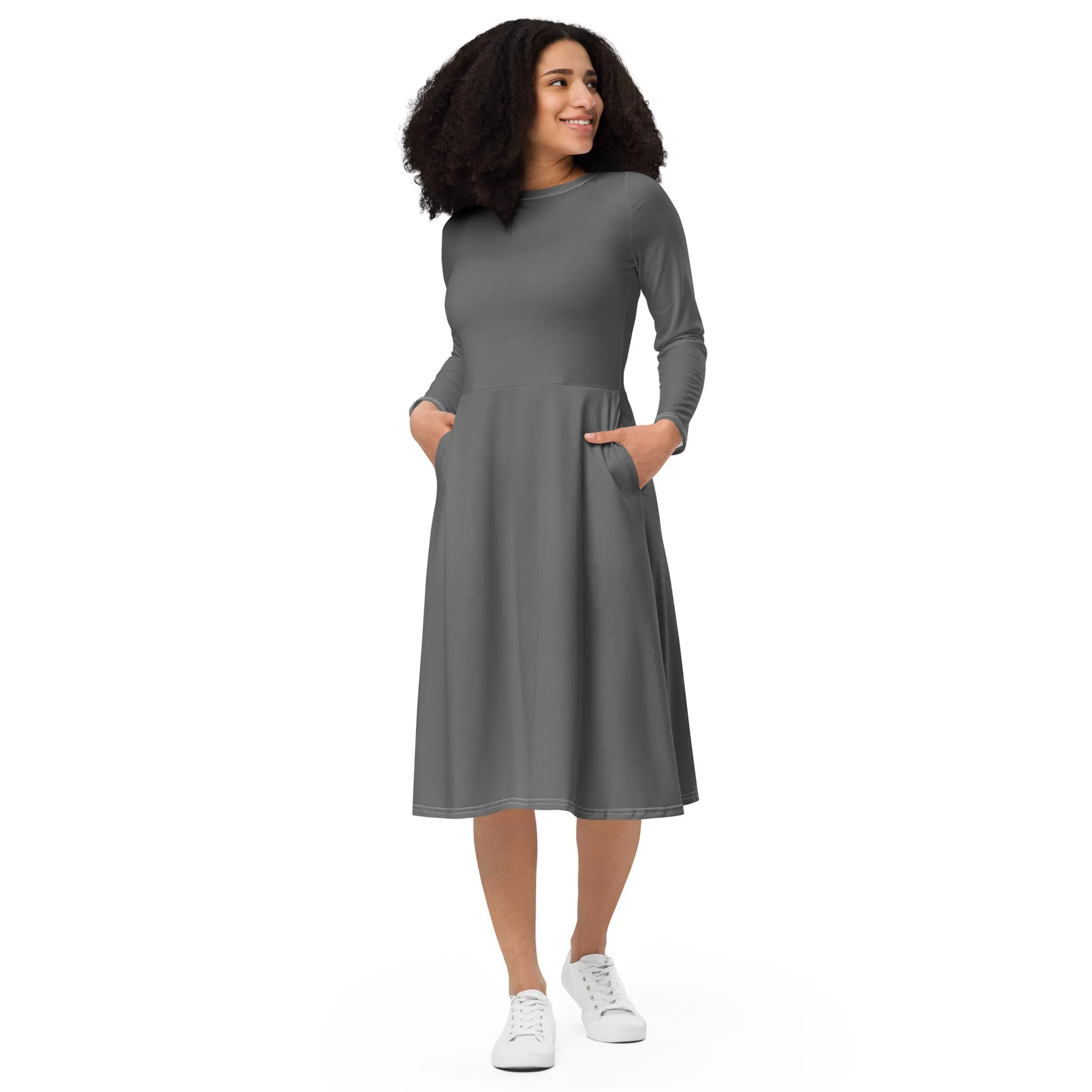Midi Dress Long Sleeve Colour Grey (Glamourange Colour Midi Dress Long Sleeve for Women)