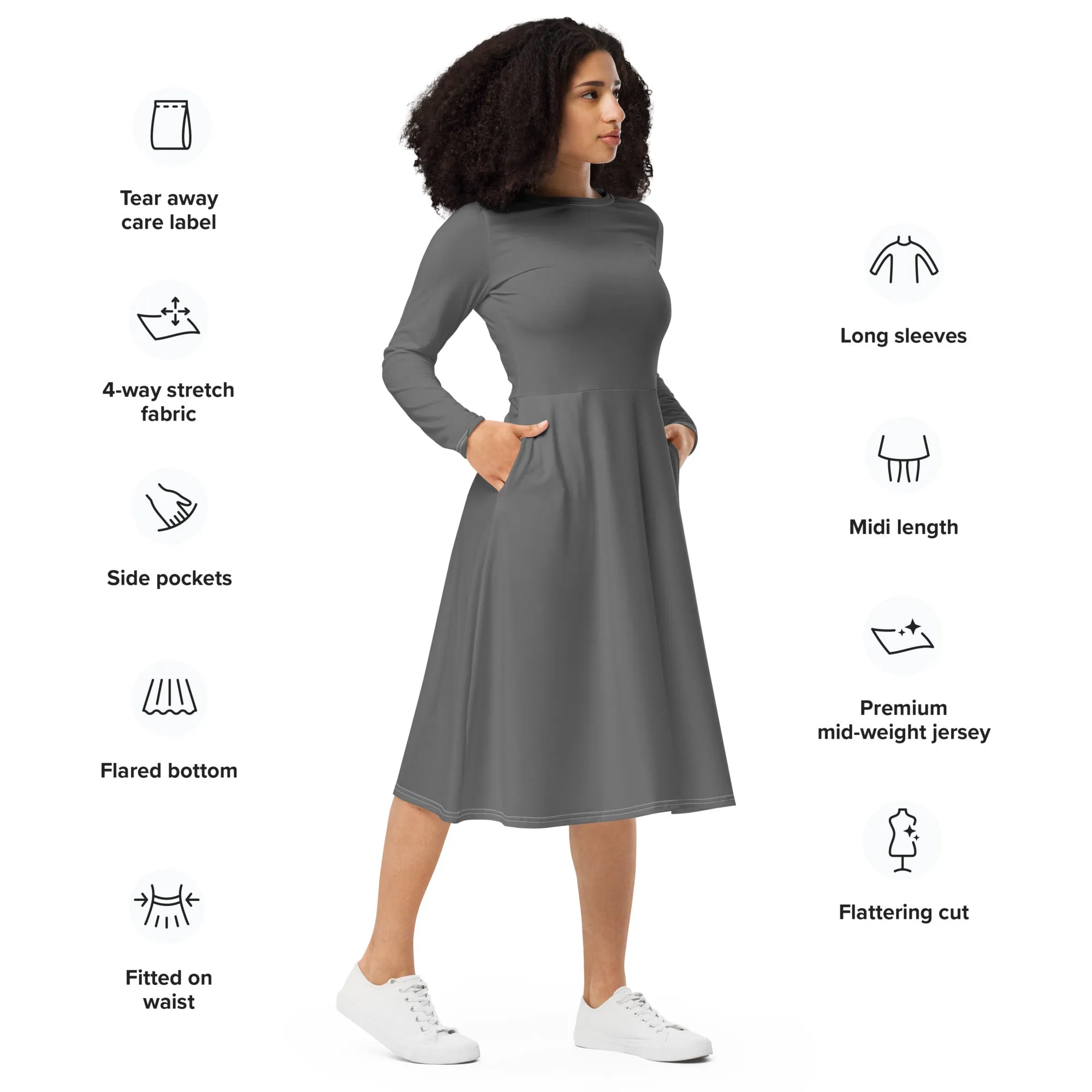 Midi Dress Long Sleeve Colour Grey (Glamourange Colour Midi Dress Long Sleeve for Women)