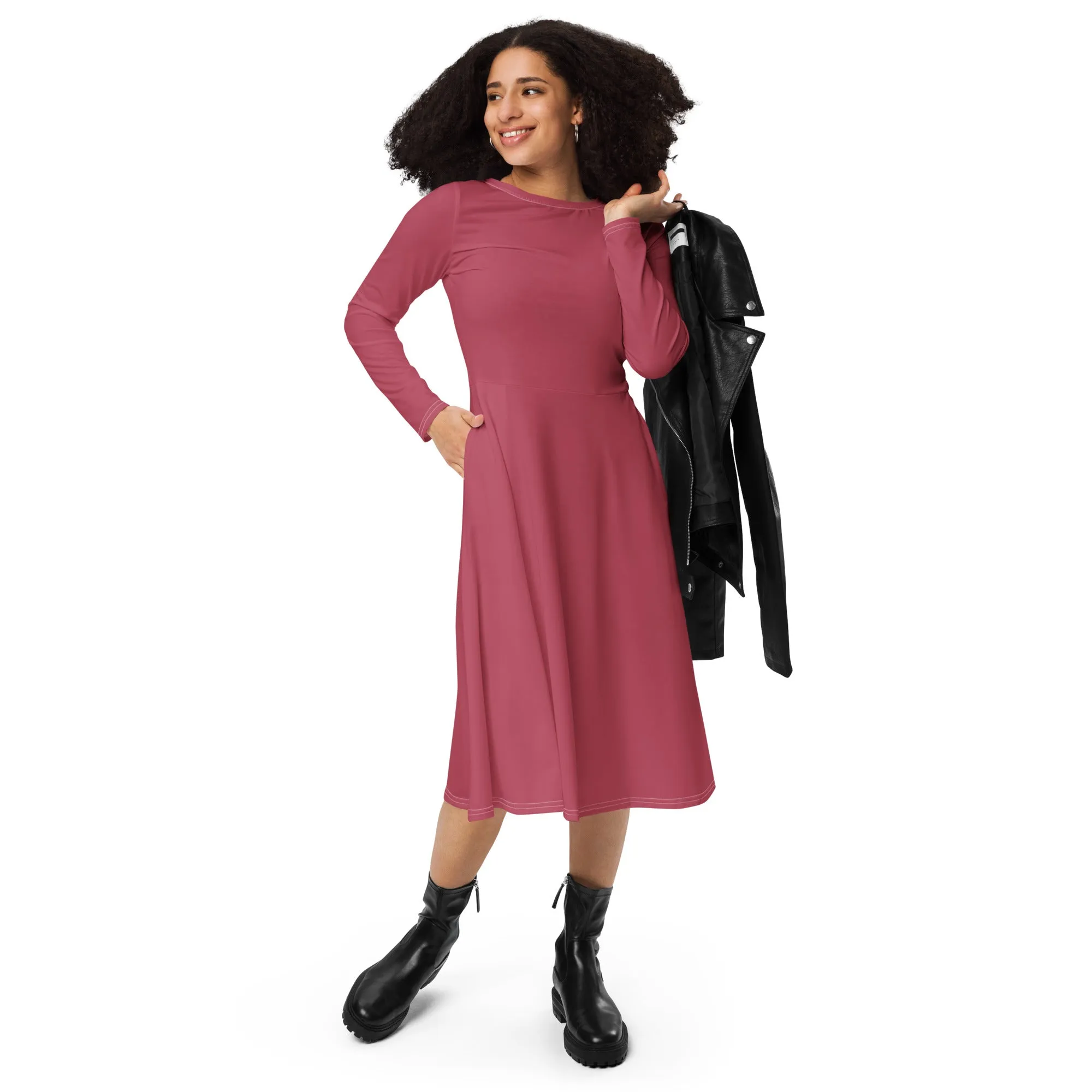 Midi Dress Long Sleeve Colour Hippie Pink (Glamourange Colour Midi Dress Long Sleeve for Women)