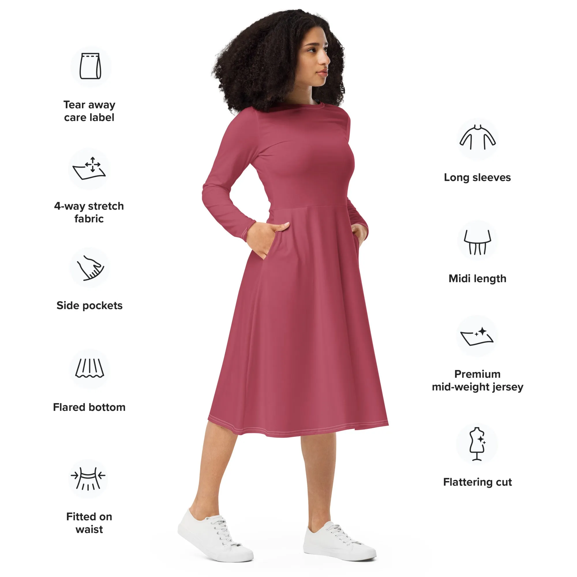 Midi Dress Long Sleeve Colour Hippie Pink (Glamourange Colour Midi Dress Long Sleeve for Women)