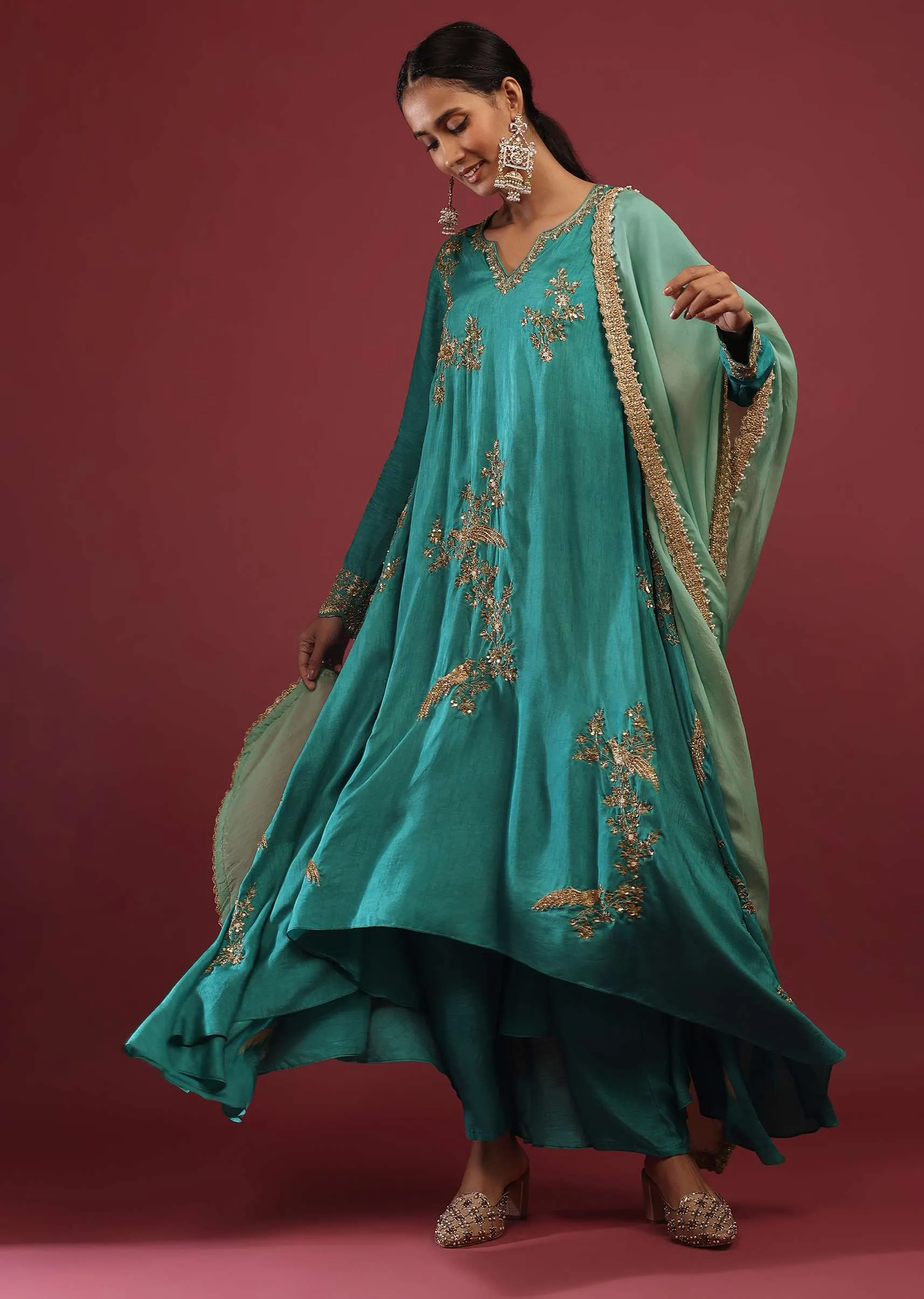 Mint Blue A Line Suit With Zardosi Embroidered Bird Motifs And Mint Dupatta