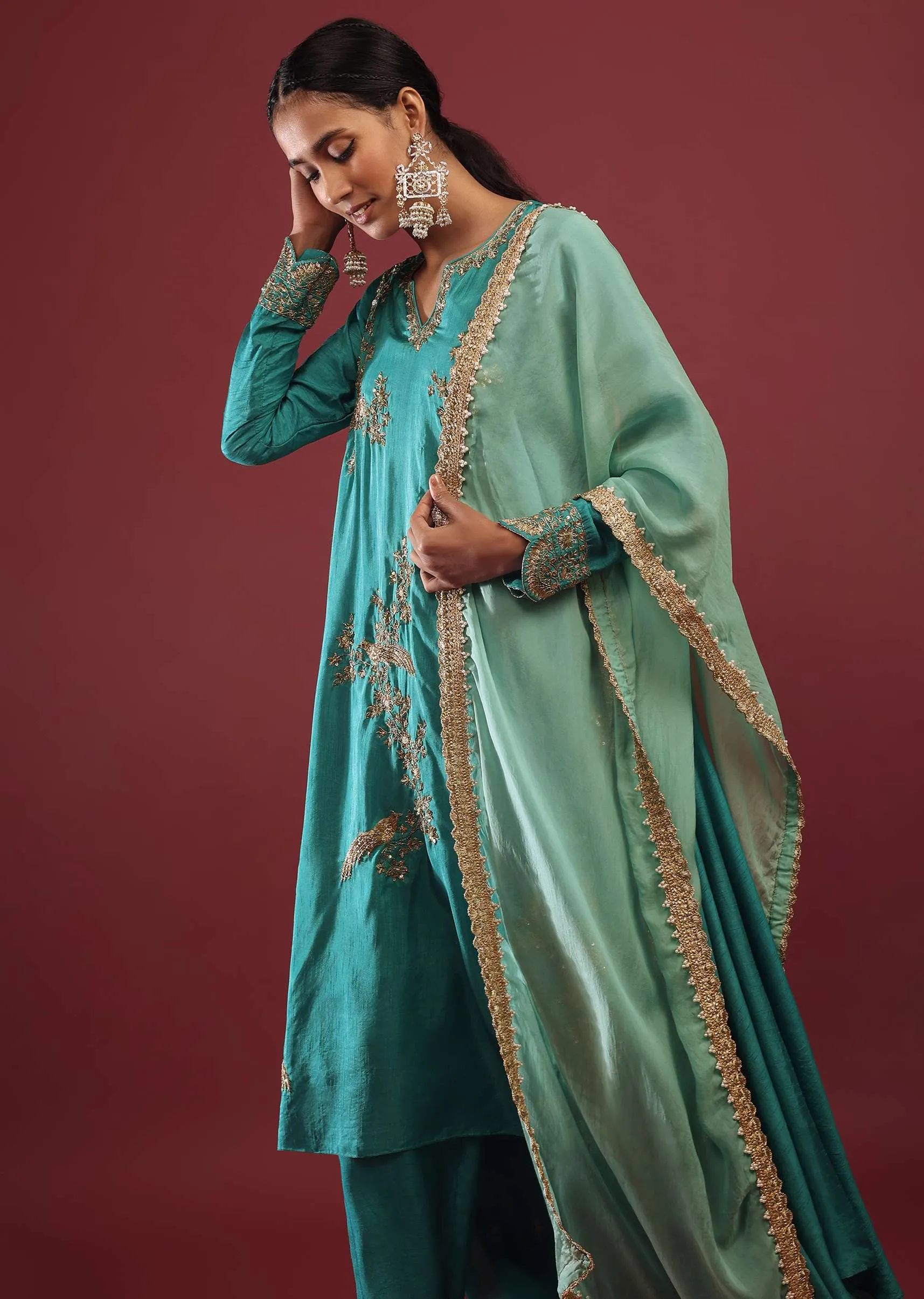 Mint Blue A Line Suit With Zardosi Embroidered Bird Motifs And Mint Dupatta