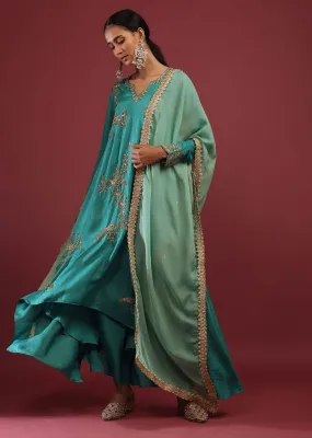 Mint Blue A Line Suit With Zardosi Embroidered Bird Motifs And Mint Dupatta