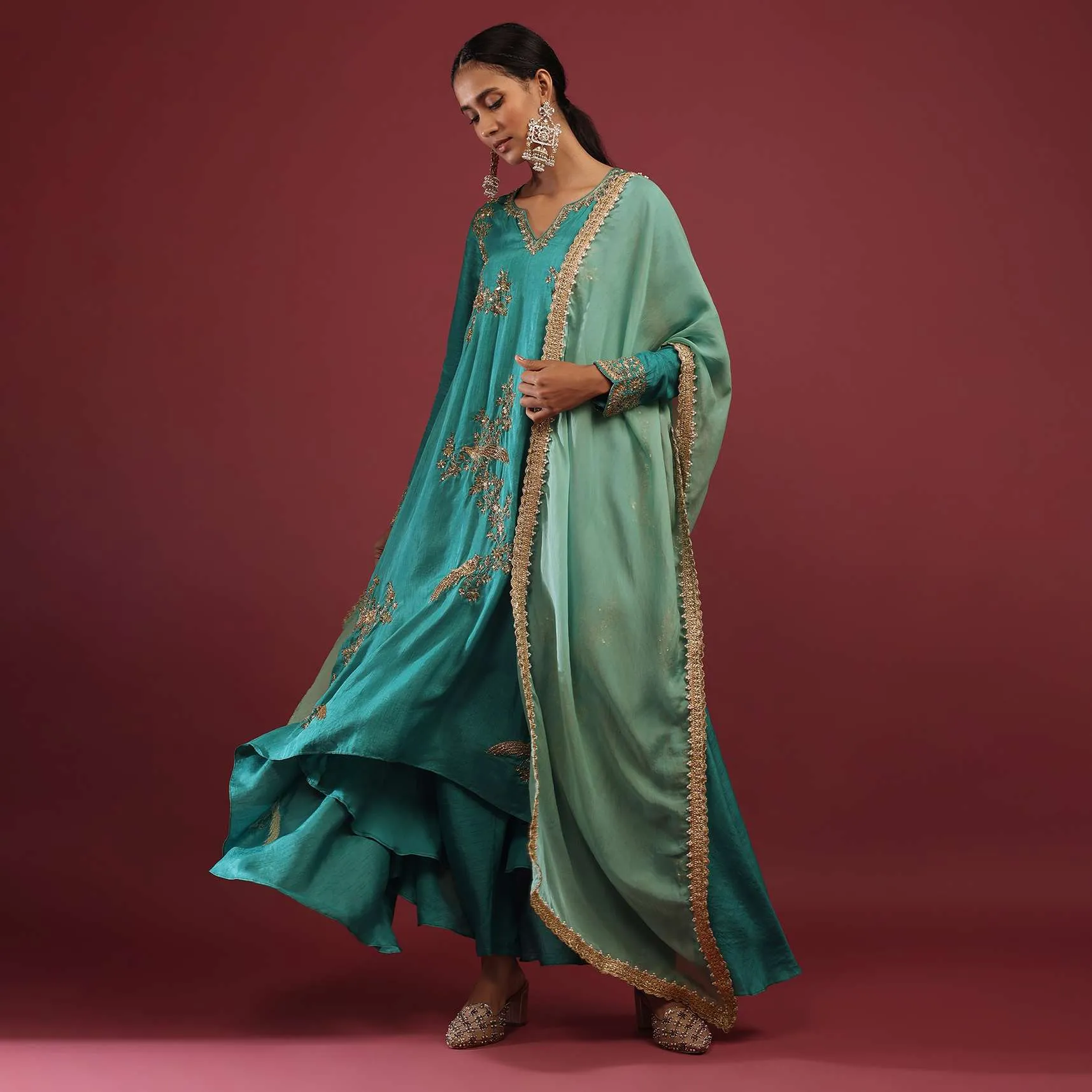 Mint Blue A Line Suit With Zardosi Embroidered Bird Motifs And Mint Dupatta