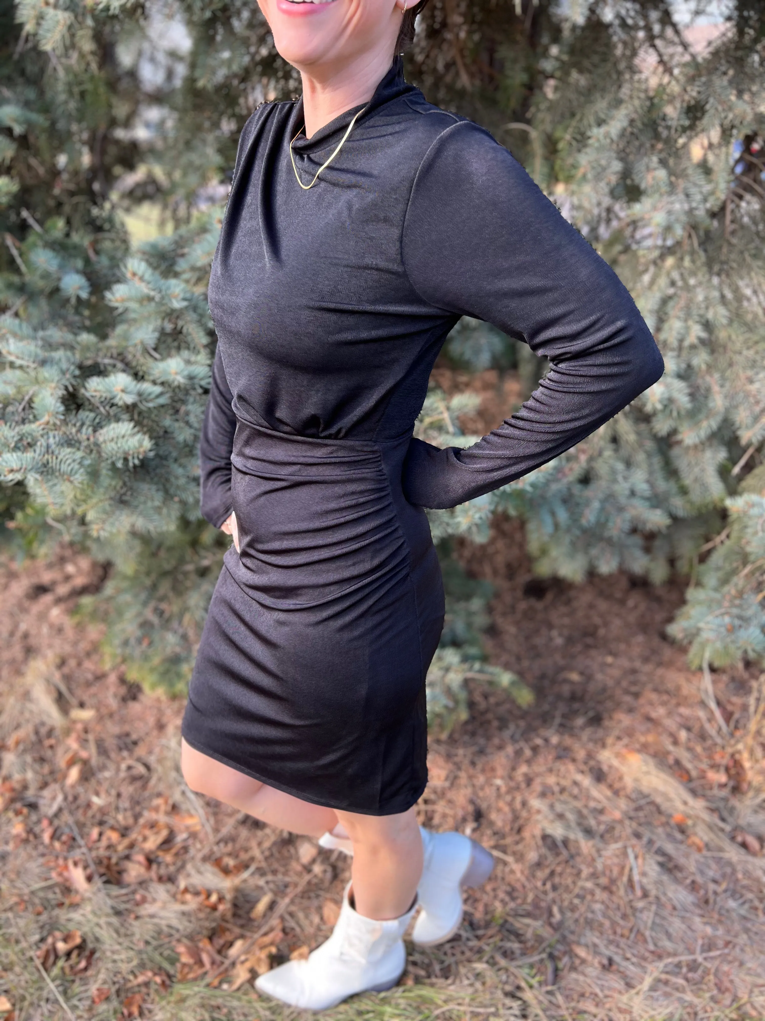 Mock Neck Shirring Detail Mini Dress