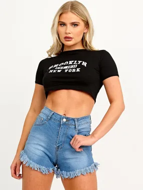 Natalie High Waisted Frayed Denim Shorts In Blue