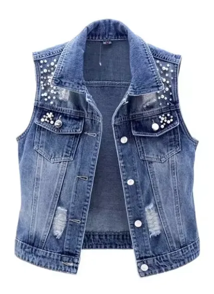 NEW Denim Women Vest Luxury Pearls Fashion Ripped Autumn Jeans Jacket Sleeveless Loose Short Coat Causal Waistcoats, Sz L