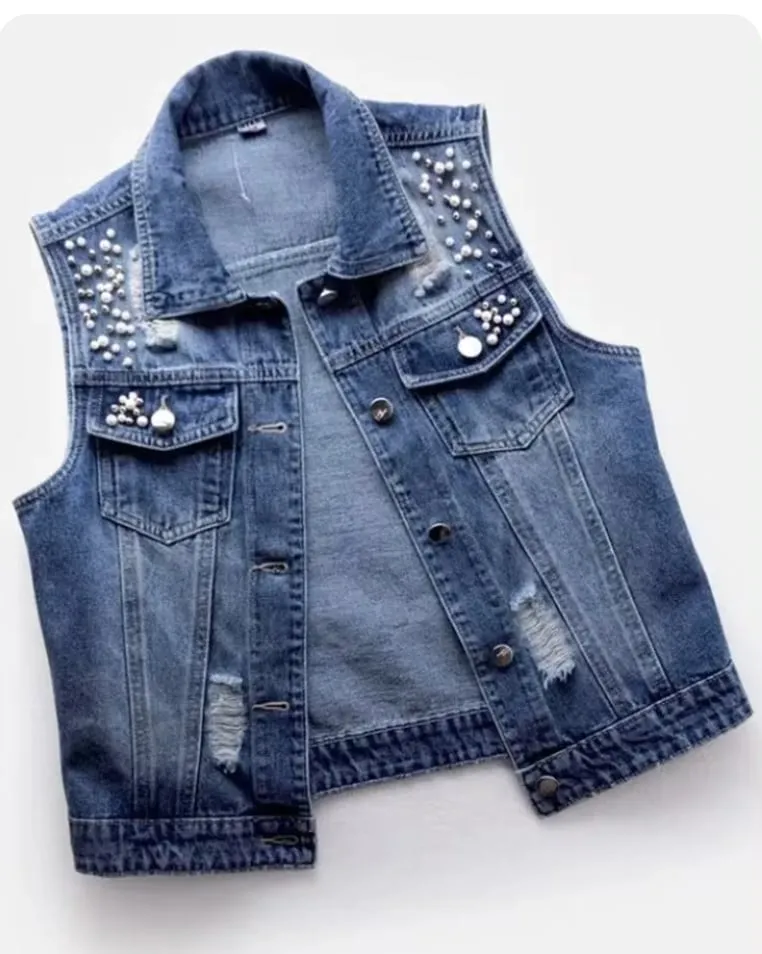 NEW Denim Women Vest Luxury Pearls Fashion Ripped Autumn Jeans Jacket Sleeveless Loose Short Coat Causal Waistcoats, Sz L