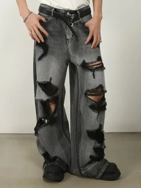 NEW Men's Relaxed Fit Wide Leg Ripped Distressed Denim Jeans - Soft Comfy Stretchy Fabric, Fashionable Streetwear Style, Loose Fit for Comfort, Stylish Ripped Details - Perfect for Casual Daily Wear, Sz M