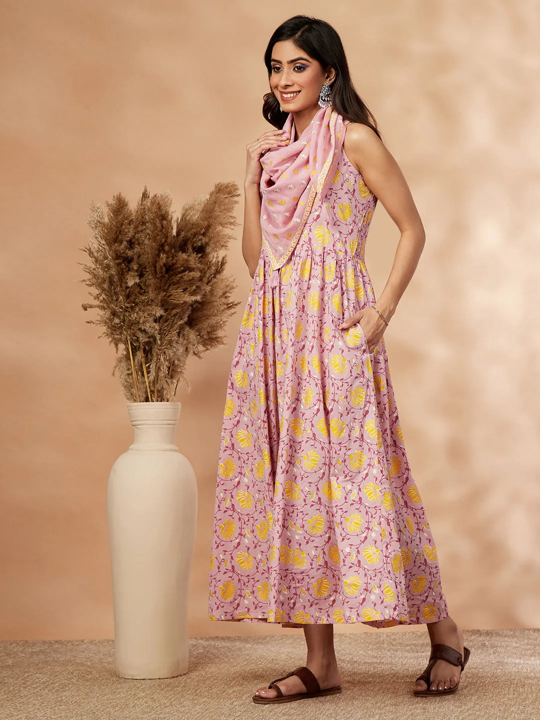 Pink Printed Sleeveless Gathered Dress