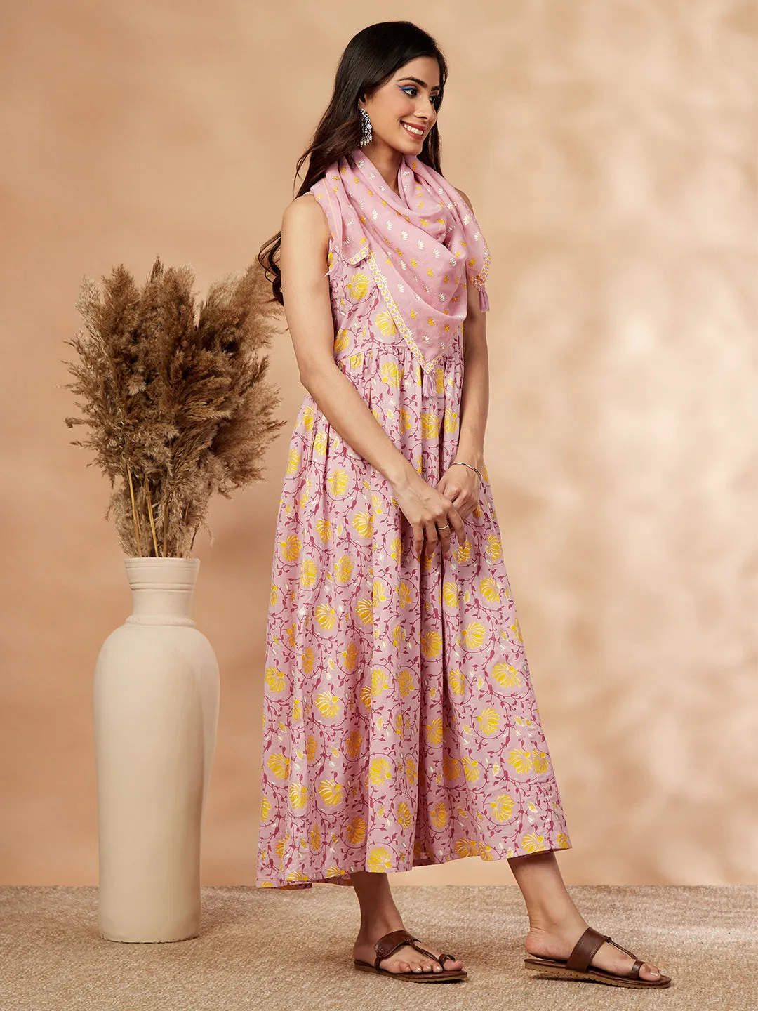Pink Printed Sleeveless Gathered Dress