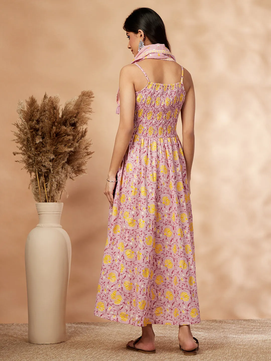 Pink Printed Sleeveless Gathered Dress