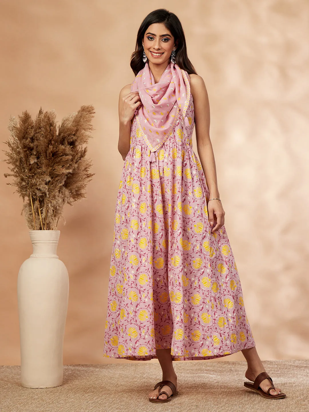 Pink Printed Sleeveless Gathered Dress