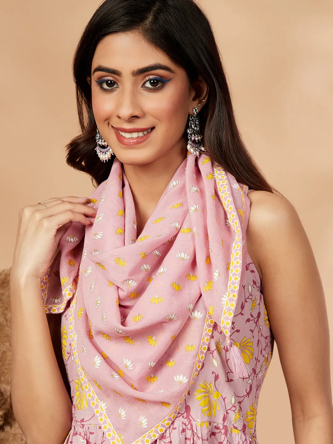 Pink Printed Sleeveless Gathered Dress