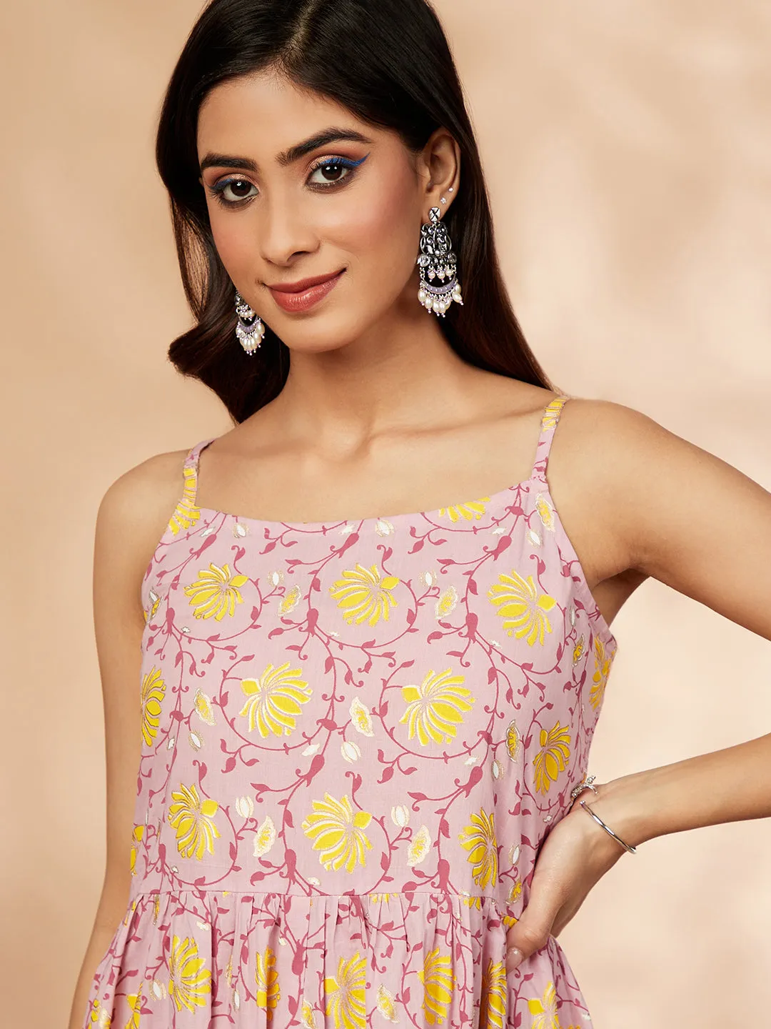 Pink Printed Sleeveless Gathered Dress