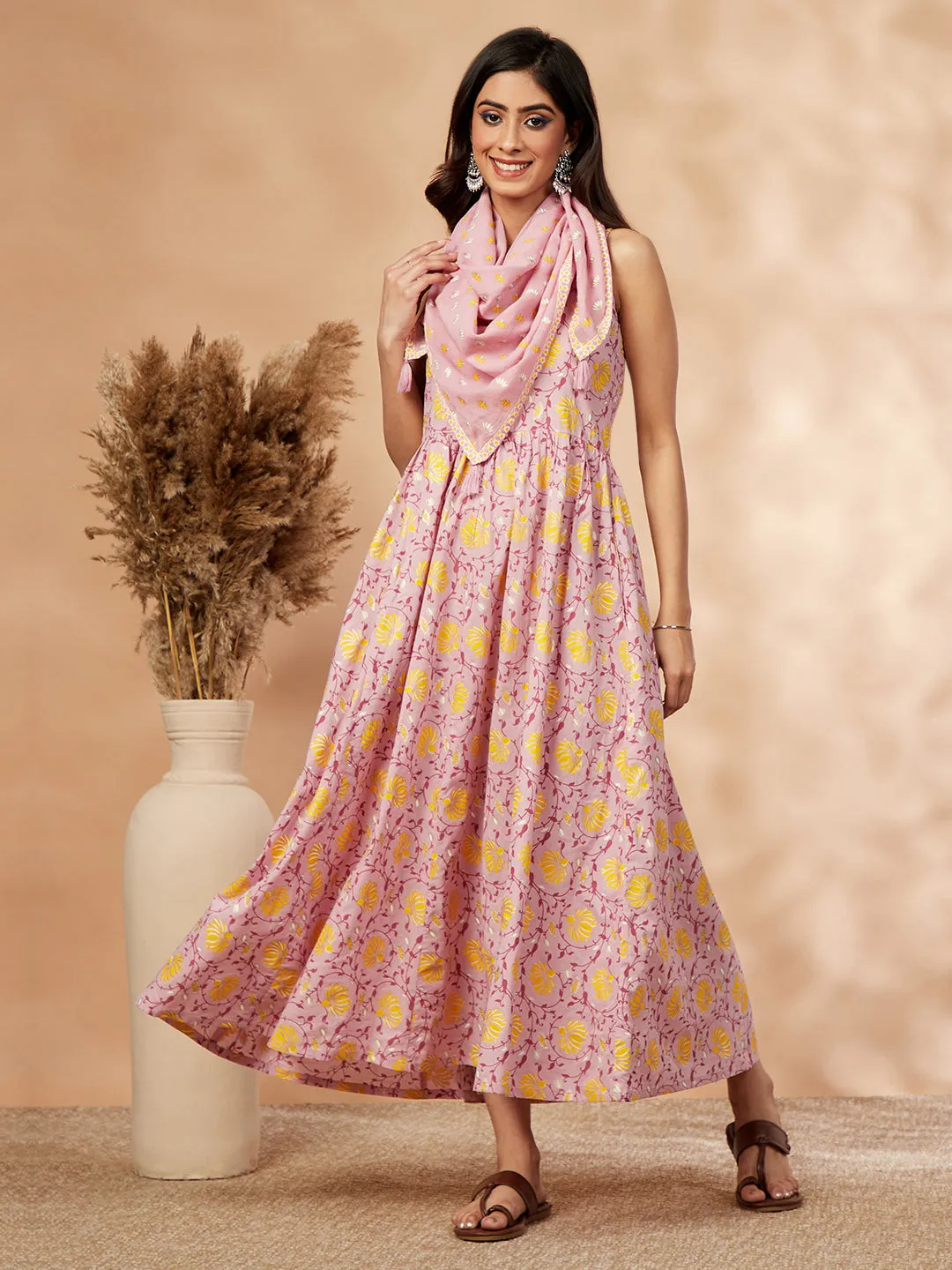 Pink Printed Sleeveless Gathered Dress