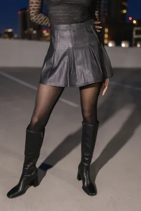 Posie Pleated Vegan Leather Mini Skirt Black