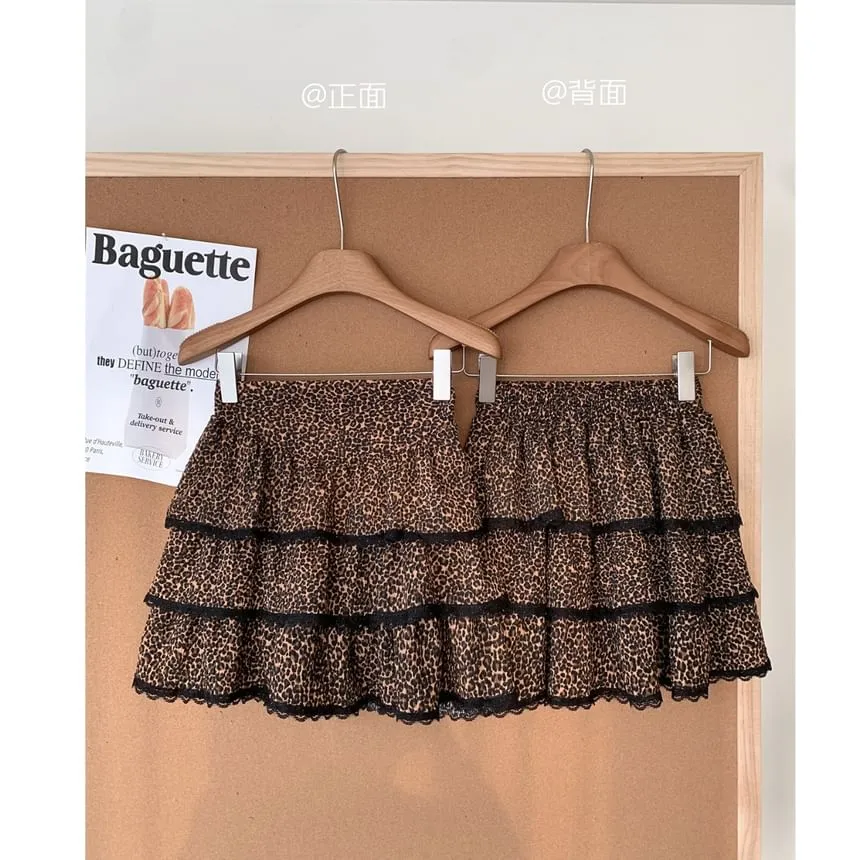   Print Set: Skirt Plain Top Long-Sleeve V-Neck Tiered Waist High Leopard Mini Button-Up