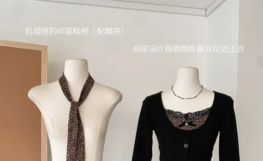   Print Set: Skirt Plain Top Long-Sleeve V-Neck Tiered Waist High Leopard Mini Button-Up