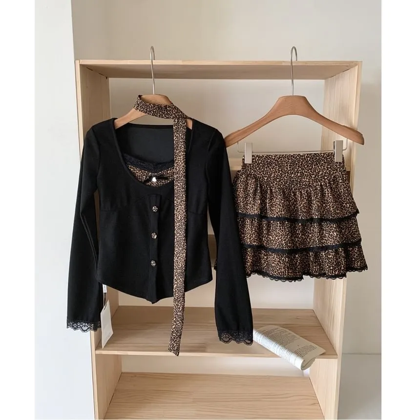   Print Set: Skirt Plain Top Long-Sleeve V-Neck Tiered Waist High Leopard Mini Button-Up