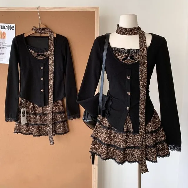   Print Set: Skirt Plain Top Long-Sleeve V-Neck Tiered Waist High Leopard Mini Button-Up