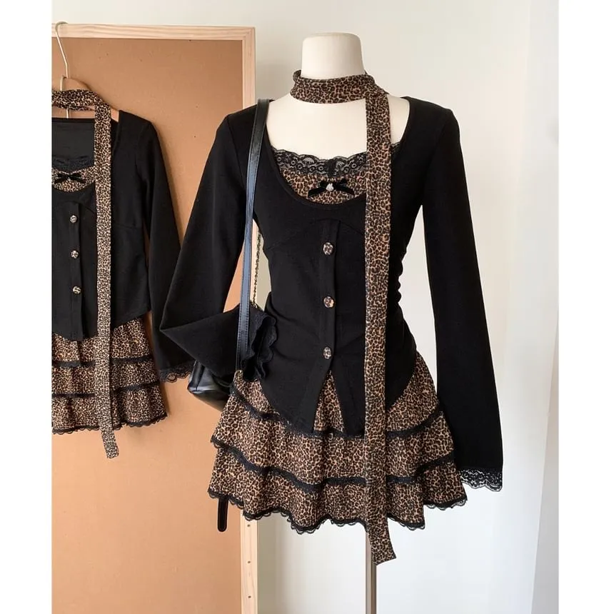   Print Set: Skirt Plain Top Long-Sleeve V-Neck Tiered Waist High Leopard Mini Button-Up