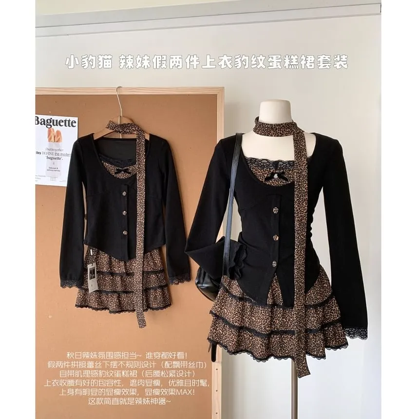   Print Set: Skirt Plain Top Long-Sleeve V-Neck Tiered Waist High Leopard Mini Button-Up