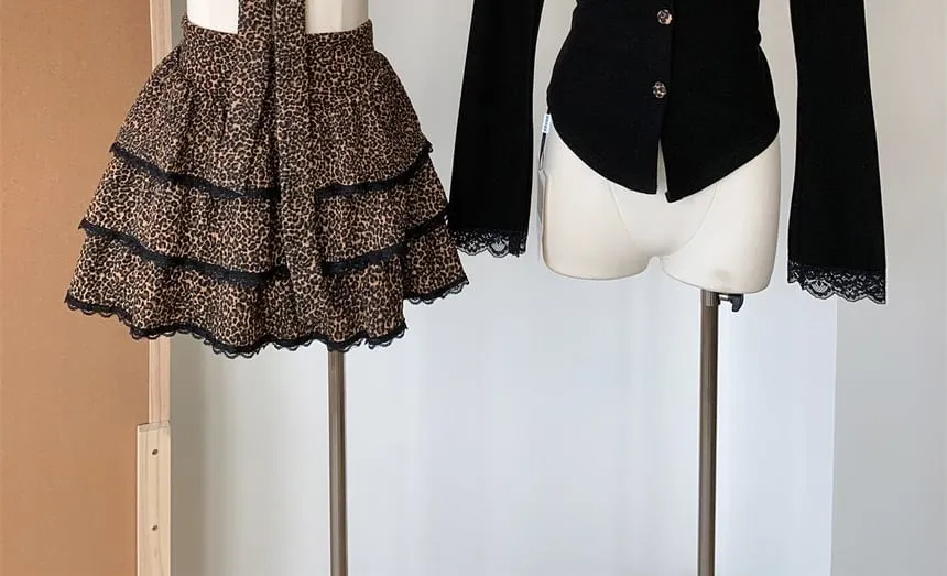   Print Set: Skirt Plain Top Long-Sleeve V-Neck Tiered Waist High Leopard Mini Button-Up
