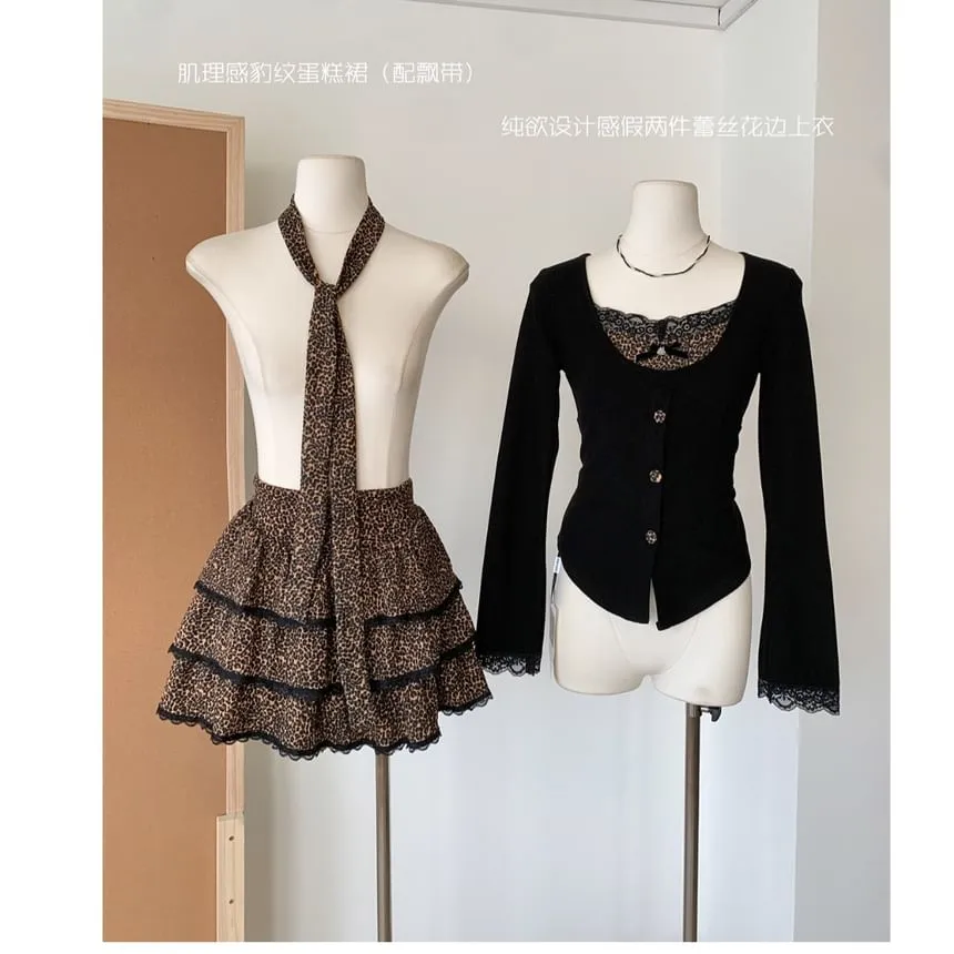   Print Set: Skirt Plain Top Long-Sleeve V-Neck Tiered Waist High Leopard Mini Button-Up