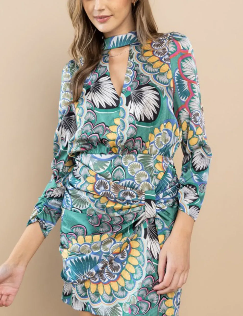 Printed mock neck long sleeve dress