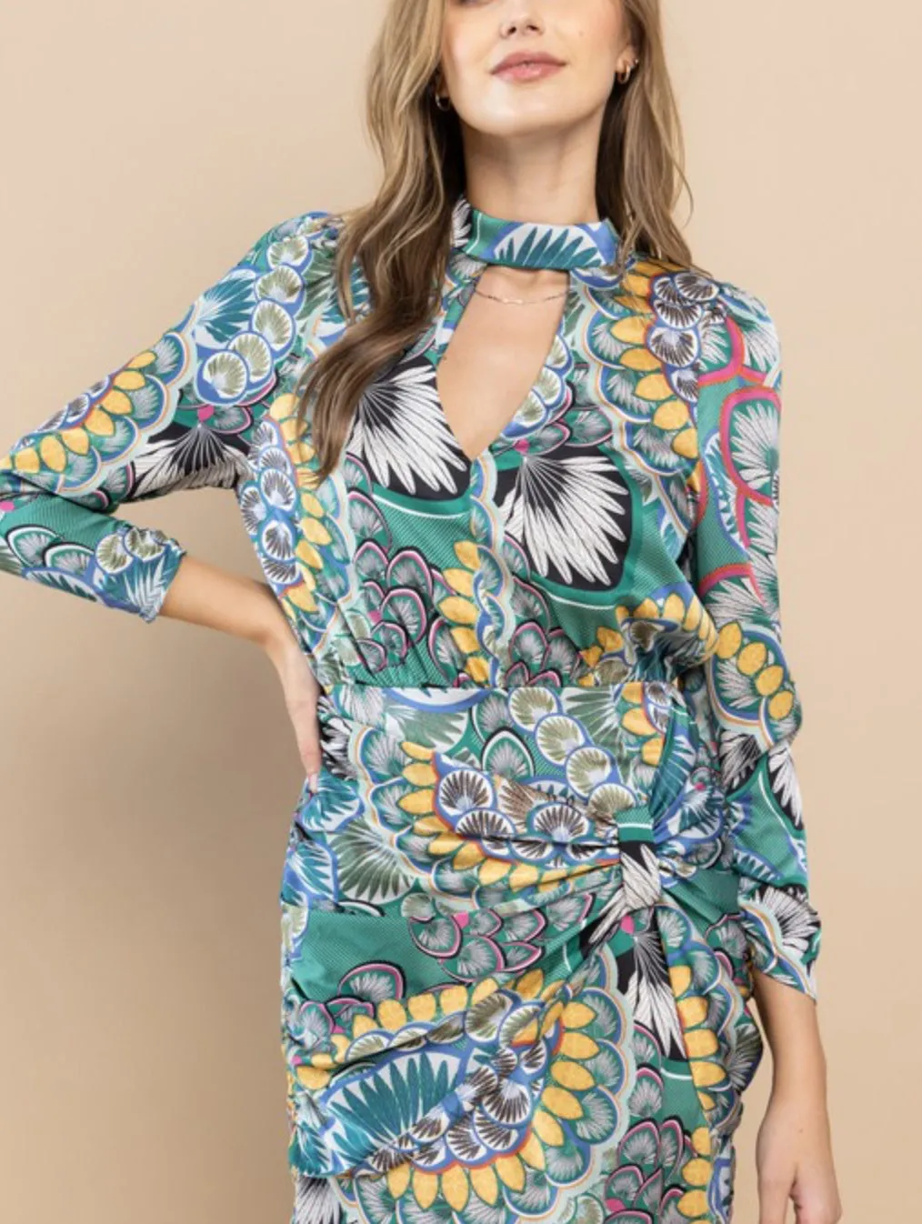 Printed mock neck long sleeve dress