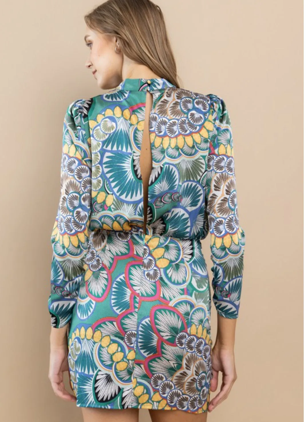 Printed mock neck long sleeve dress