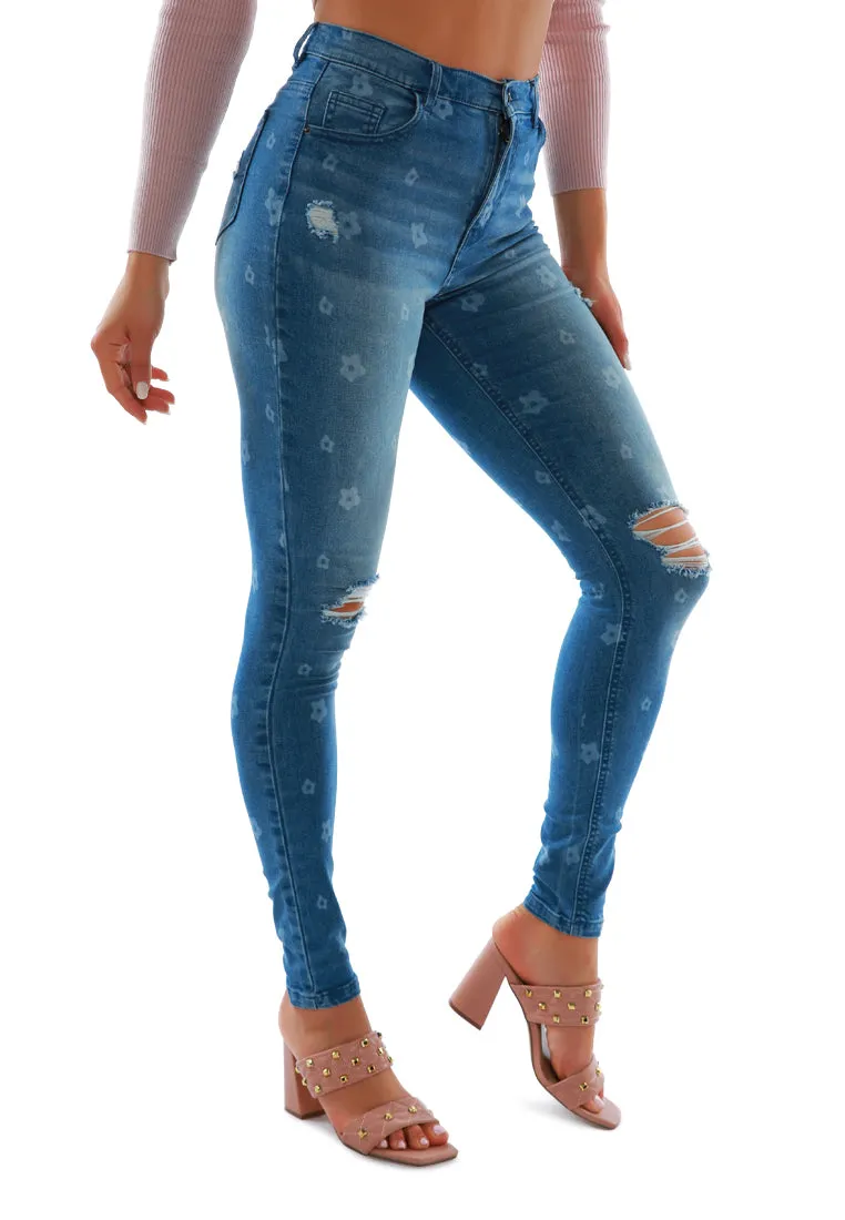 Printed Ripped Slim Fit Blue Denim Pants