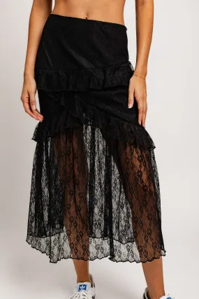 "Lover Era" Ruffled Lace Black Maxi Skirt