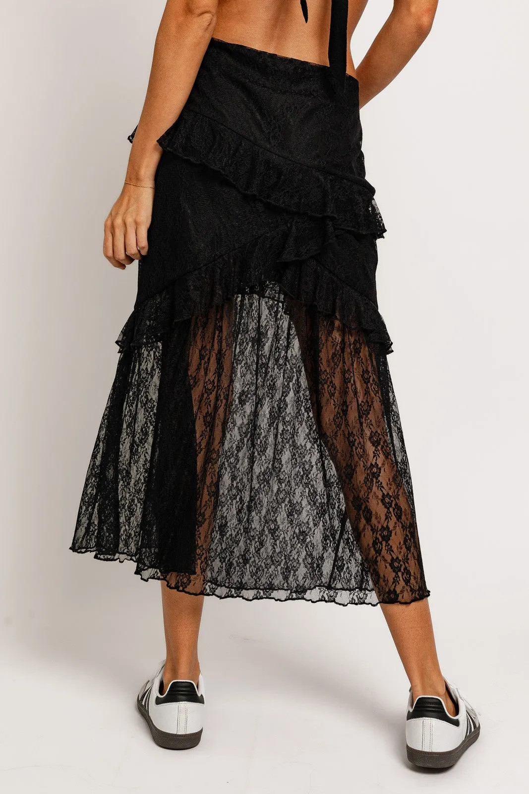 "Lover Era" Ruffled Lace Black Maxi Skirt