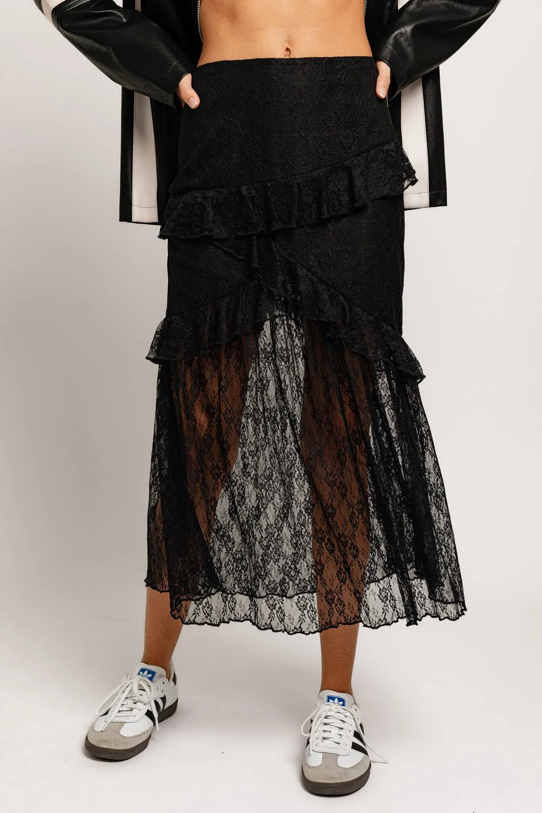 "Lover Era" Ruffled Lace Black Maxi Skirt