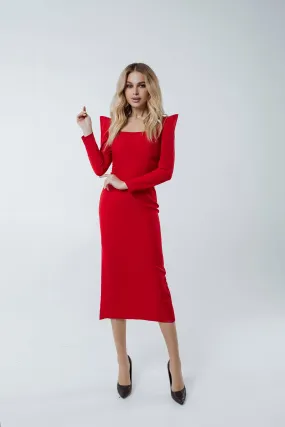 Red Square Neck Long Sleeve Midi Dress