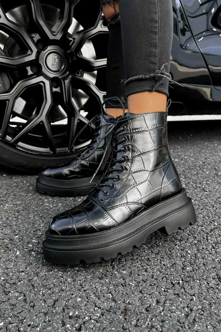 REGULATE Chunky Ankle Boots - Black Croc