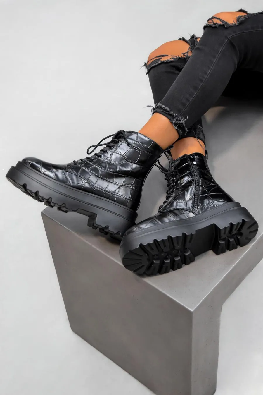 REGULATE Chunky Ankle Boots - Black Croc