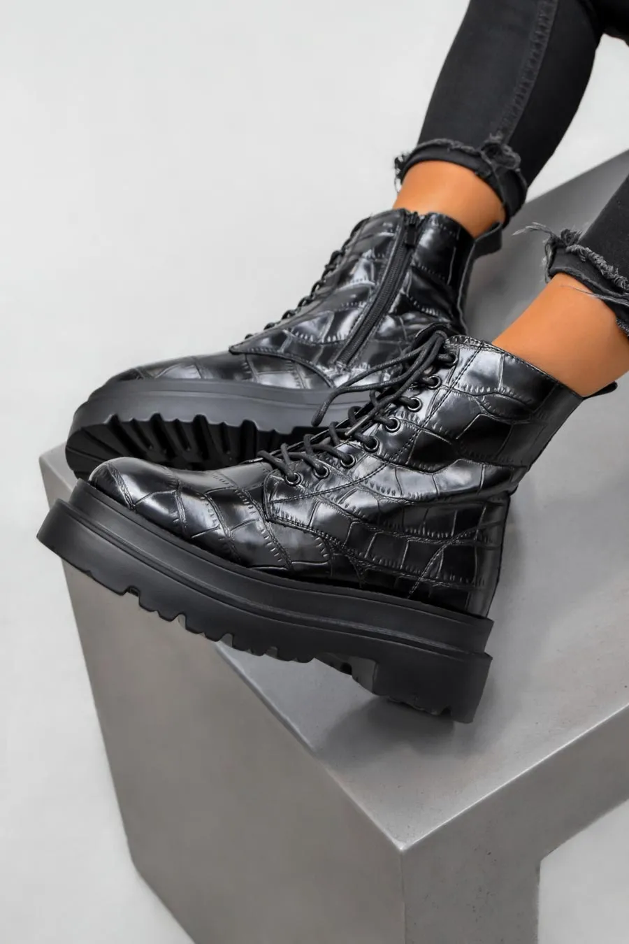 REGULATE Chunky Ankle Boots - Black Croc