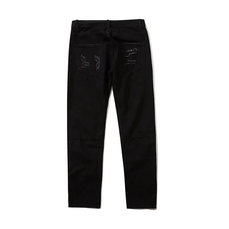Ripped Hole Solid Color Straight Jeans