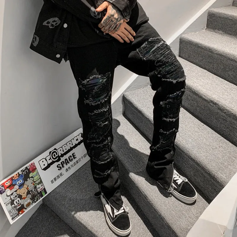 Ripped Hole Solid Color Straight Jeans