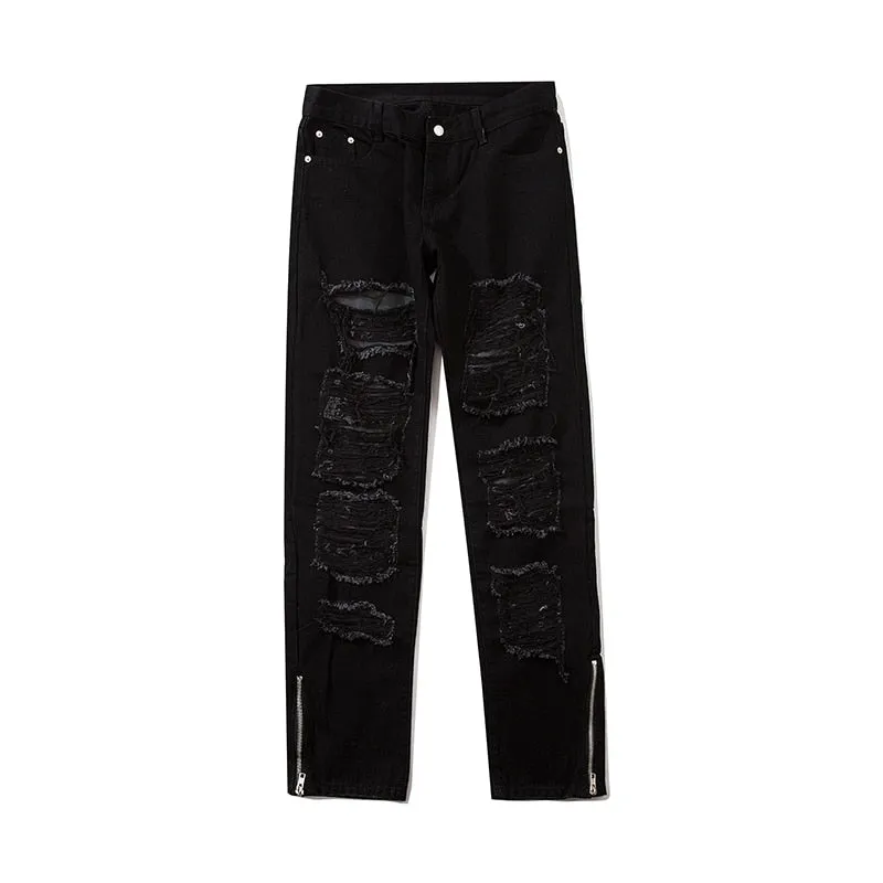Ripped Hole Solid Color Straight Jeans